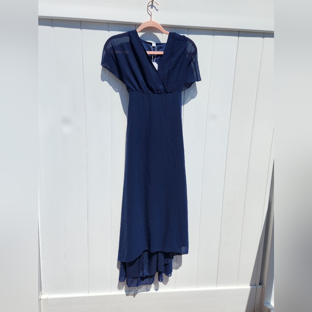 Navy Blue Tea Length Semi Formal Dress | Wedding Guest Dress | Size Medium